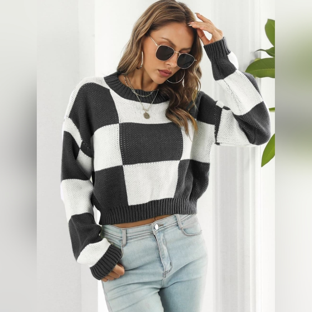 Checker Color Block Knit Crop Top Round Neck Long Sleeve Minimalist Sweater